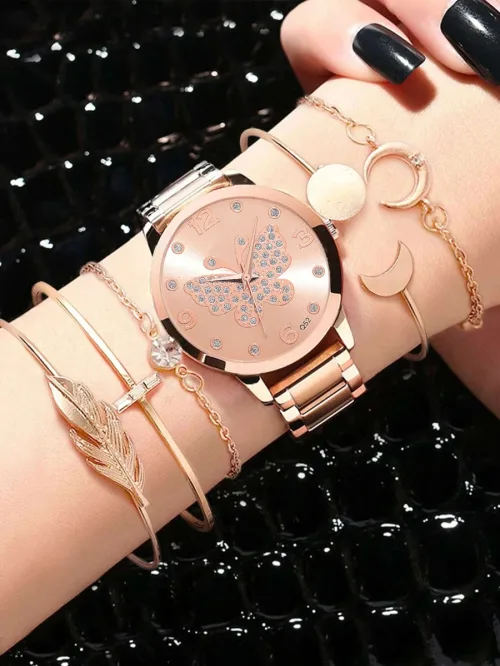 ست ساعت Quartz پروانه‌ای و دستبند پنج تکه دخترانه