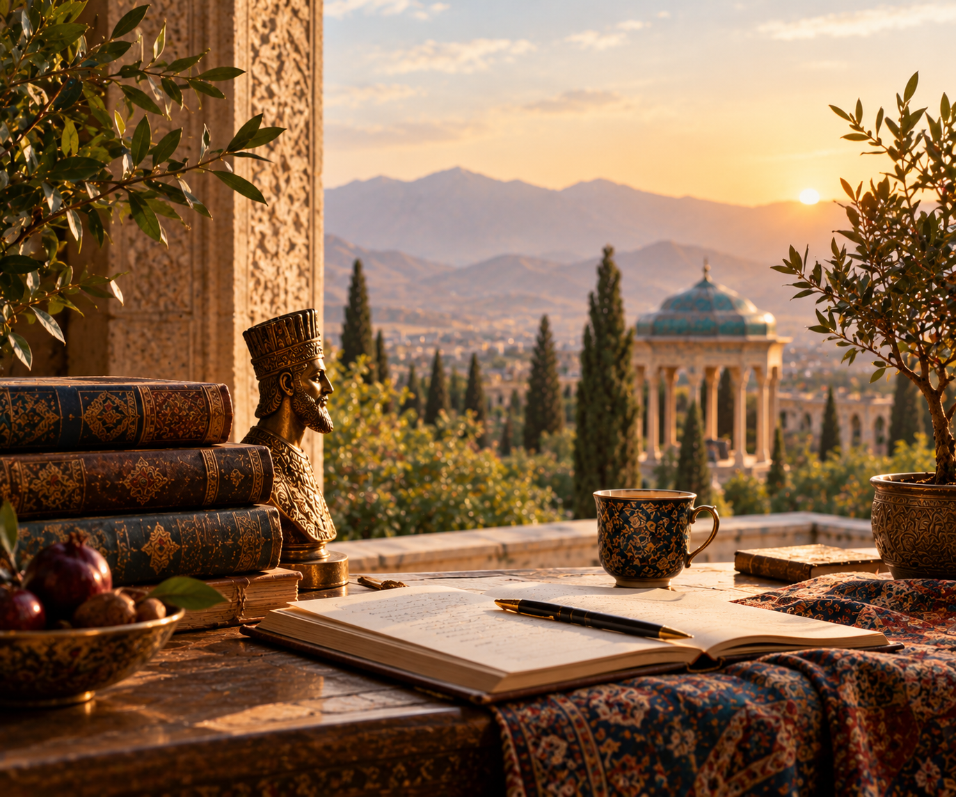 Mindset & Growth – Gold & Luxe Journal A contemplative scene inspired by Persian wisdom, lifelong learning, self-reflection, and personal growth.