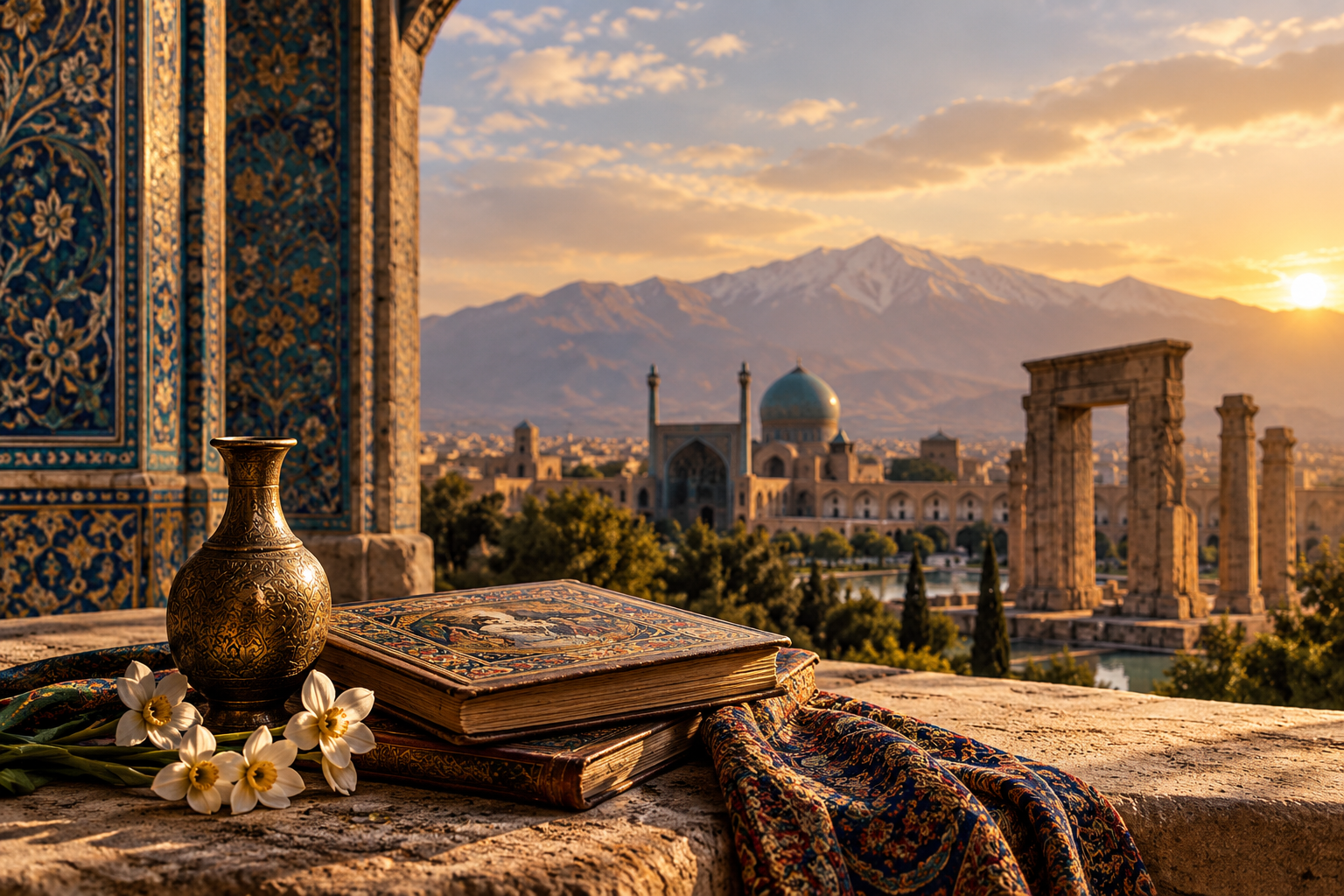 Persian architectural heritage, traditional manuscripts, and intricate tilework at golden hour.